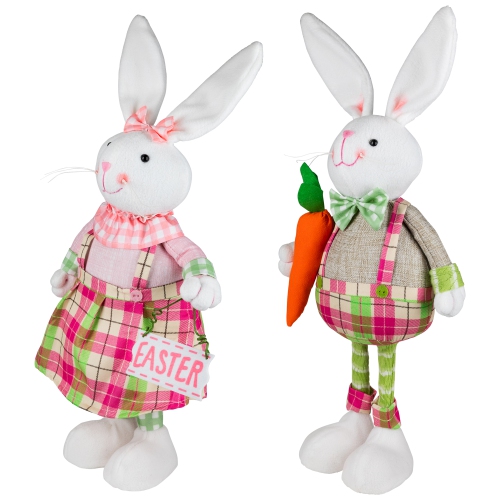 Bunny Rabbit Figurines with Easter Sign Spring Decorations - 19" - Pink and Green - Set of 2