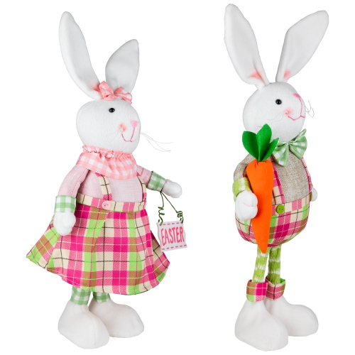 Bunny Rabbit Figurines with Easter Sign Spring Decorations - 19" - Pink and Green - Set of 2