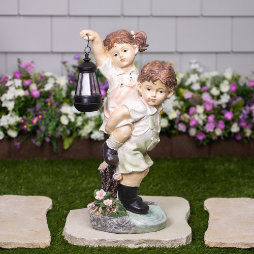 LED Solar Lighted Boy and Girl with Lantern Outdoor Garden Statue - 19.5"