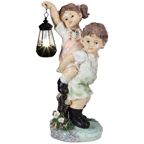 LED Solar Lighted Boy and Girl with Lantern Outdoor Garden Statue - 19.5"