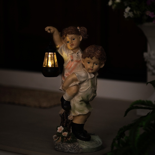LED Solar Lighted Boy and Girl with Lantern Outdoor Garden Statue - 19.5"