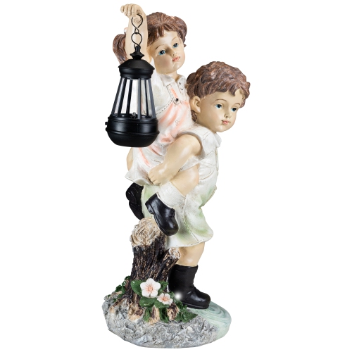 LED Solar Lighted Boy and Girl with Lantern Outdoor Garden Statue - 19.5"