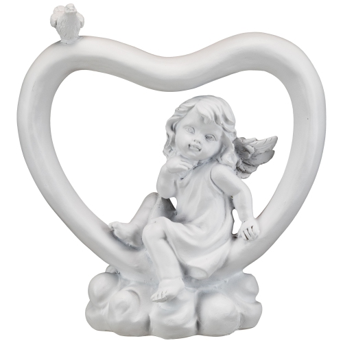 Cherub Heart with Bird Decoration - 7" - White