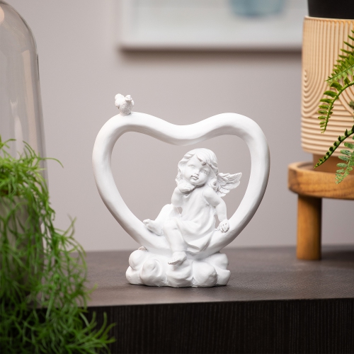 Cherub Heart with Bird Decoration - 7" - White