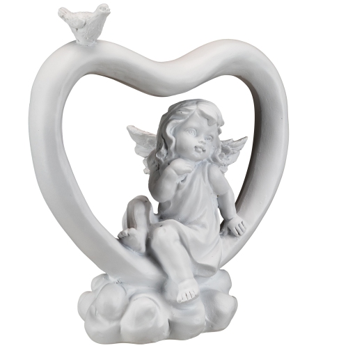 Cherub Heart with Bird Decoration - 7" - White