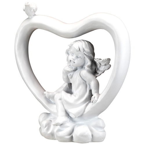 Cherub Heart with Bird Decoration - 7" - White