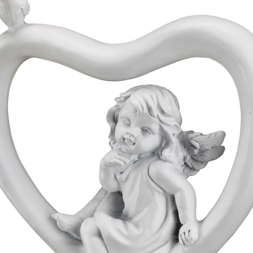 Cherub Heart with Bird Decoration - 7" - White