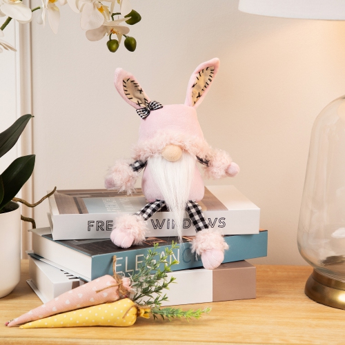 Bunny Ears Sitting Easter Gnome with Dangling Legs - 12" - Pink