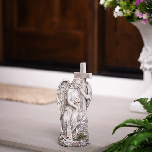 Angel With Cross Memorial Statue - 13"