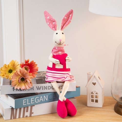 Sitting Girl Easter Rabbit Decoration with Dangling Legs - 16.5" - Cream and Pink