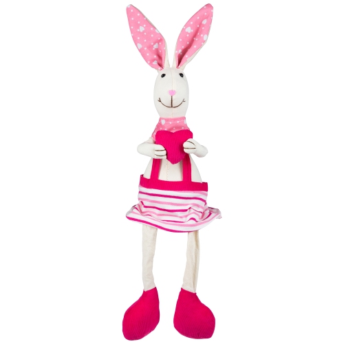 Sitting Girl Easter Rabbit Decoration with Dangling Legs - 16.5" - Cream and Pink
