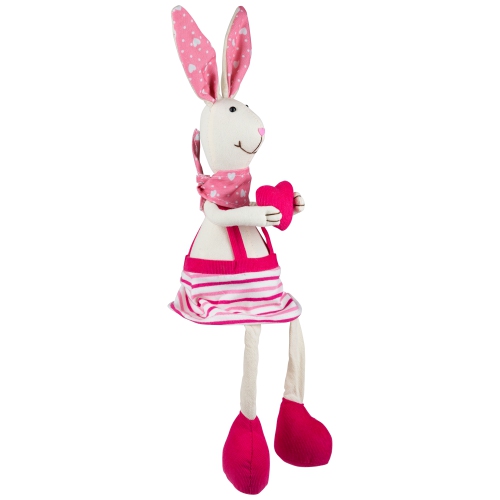 Sitting Girl Easter Rabbit Decoration with Dangling Legs - 16.5" - Cream and Pink
