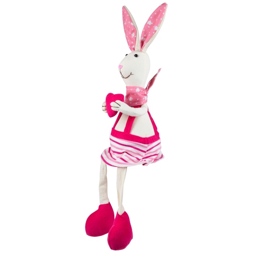 Sitting Girl Easter Rabbit Decoration with Dangling Legs - 16.5" - Cream and Pink