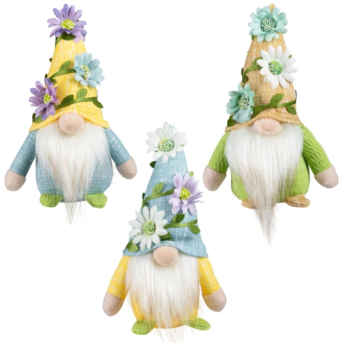 Mini Plush Gnomes with Floral Hat Spring Decorations - 7" - Set of 3