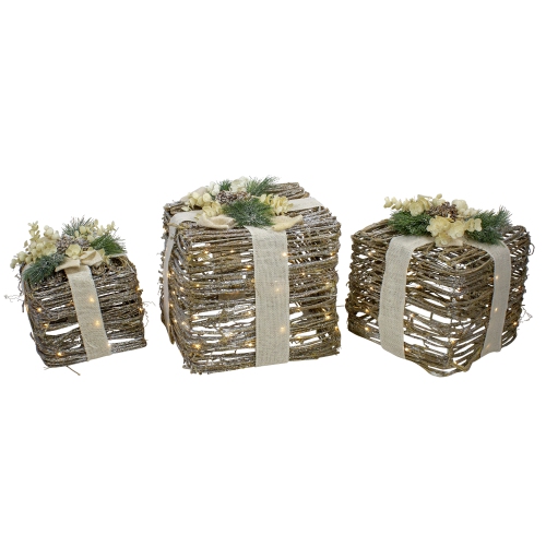 Set of 3 Silver LED Rattan Christmas Gift Boxes With Pine Cones - 13"