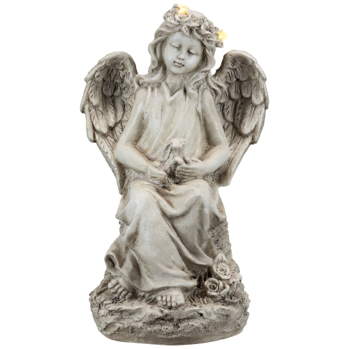 LED Lighted Angel With Rabbit Outdoor Garden Statue - 12"