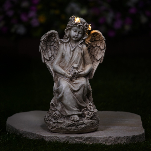 LED Lighted Angel With Rabbit Outdoor Garden Statue - 12"