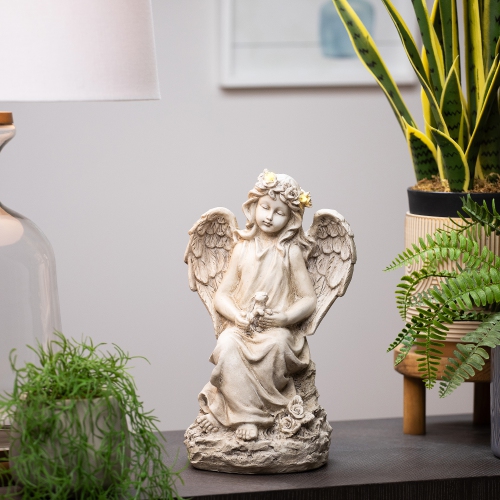 LED Lighted Angel With Rabbit Outdoor Garden Statue - 12"