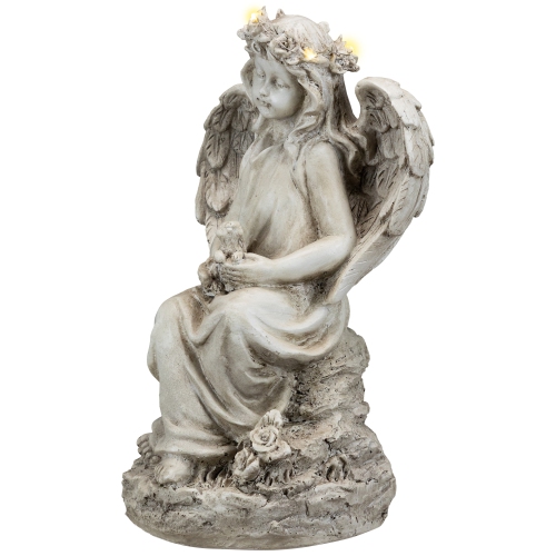 LED Lighted Angel With Rabbit Outdoor Garden Statue - 12"