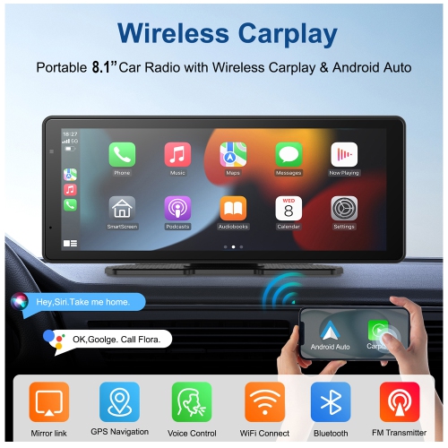 Multimédia 8.1&nbsp;po Écran tactile Portable sans fil CarPlay et Android Auto avec caméra de recul, haut-parleur et microphone intégrés pour l'auto