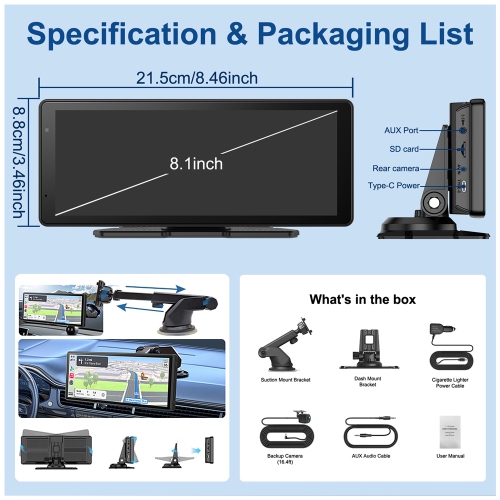 Multimédia 8.1&nbsp;po Écran tactile Portable sans fil CarPlay et Android Auto avec caméra de recul, haut-parleur et microphone intégrés pour l'auto