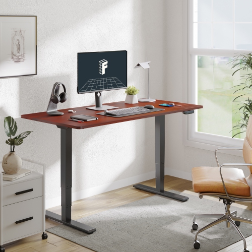 FlexiSpot Dual-Motor 3-Stage Electric Standing Desk with 55x28 Inch Mahogany Desktop and Black Frame Heavy-Duty Height Adjustable Design