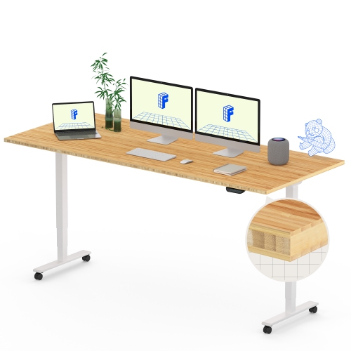 FlexiSpot Dual-Motor 3-Stage Electric Standing Desk with 72x30 Inch Bamboo Desktop and White Frame Heavy-Duty Height Adjustable Design