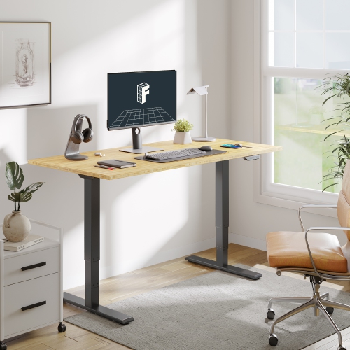 FlexiSpot Dual-Motor 3-Stage Electric Standing Desk with 60x30 Inch Bamboo Desktop and Black Frame Heavy-Duty Height Adjustable Design