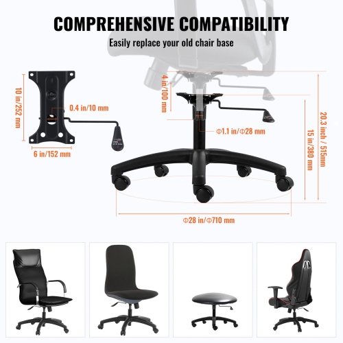 VEVOR 28" Office Chair Base Replacement, 2500 lbs Static Load, Computer Desk Chair Stool Base Part with 5 Casters, Gas Cylinder & Seat Plate, Desk