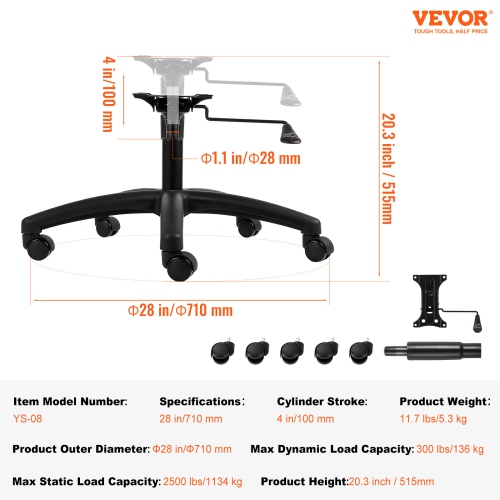 VEVOR 28" Office Chair Base Replacement, 2500 lbs Static Load, Computer Desk Chair Stool Base Part with 5 Casters, Gas Cylinder & Seat Plate, Desk