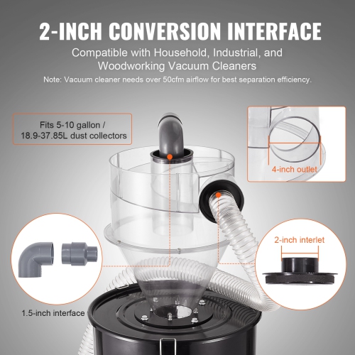 VEVOR 4" Retrofit Cyclone Separator for Dust Collectors, ABS Dust Deputy With 2" Hole O.D. Connector & Hose for Wet/Dry Shop Vacuums, Fits 5-10