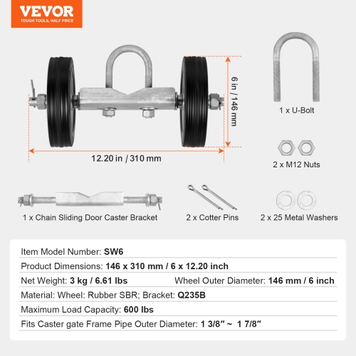 VEVOR 6” Rolling Gate Hardware Kit, Universal Sliding Gate Rollers Track Wheels, Heavy Duty Sliding Gate Guide Roller for Sliding Gates and Rolling