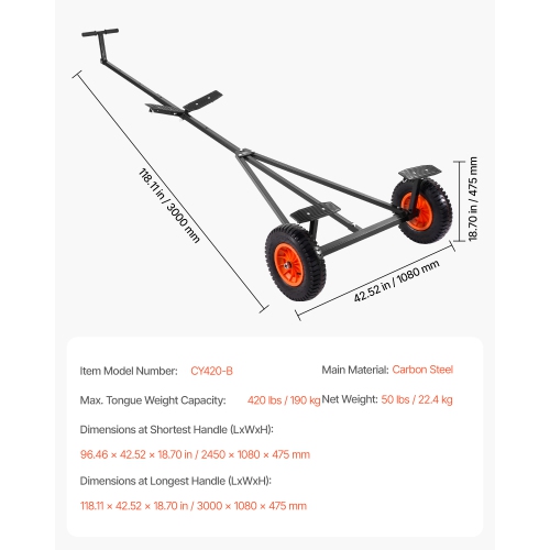 VEVOR 420lbs Load Boat Trailer Dolly,Carbon Steel Trailer Mover with Adjustable Length,15.7 in Pneumatic Tires and Nonslip Support Bracket, for
