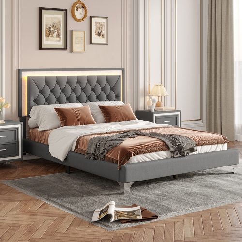Kepooman Queen Size Upholstered Bed Frame with LED Lights,Modern Velvet Platform Bed with Tufted Headboard - Gray
