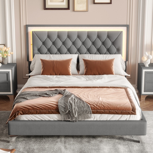 Kepooman Queen Size Upholstered Bed Frame with LED Lights,Modern Velvet Platform Bed with Tufted Headboard - Gray