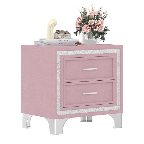 KEPOOMAN  Mid Century Vintage Nightstand With Silver Glitter Strip Decor And Metal Legs, Velvet Bedside Table With 2 Drawers - In Pink