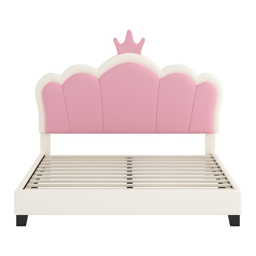 Kepooman Upholstered Princess Bed With Crown Headboard,Full Size Platform Bed with Headboard and Footboard - Cream