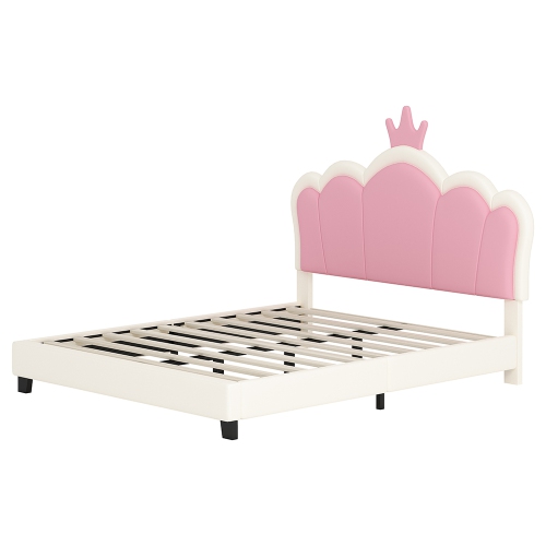 Lit rembourré princesse Kepooman avec tête de lit Crown, lit plateforme pleine grandeur avec tête et pied de lit - Crème
