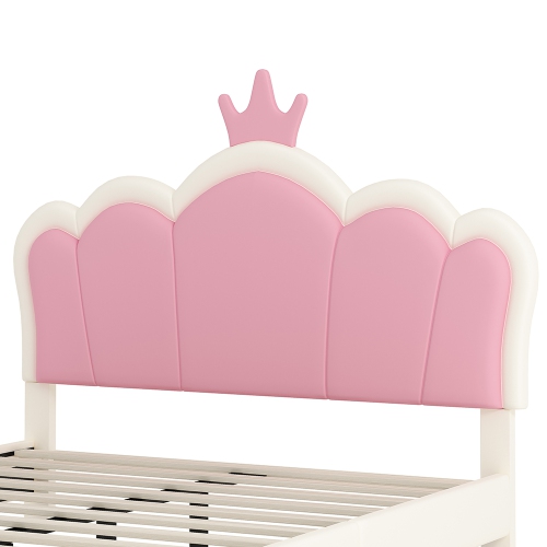 Lit rembourré princesse Kepooman avec tête de lit Crown, lit plateforme pleine grandeur avec tête et pied de lit - Crème
