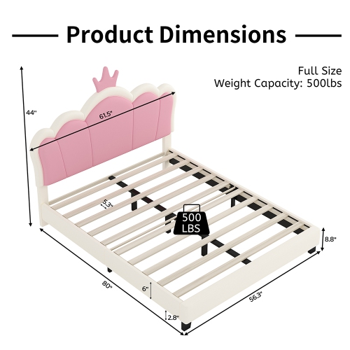 Lit rembourré princesse Kepooman avec tête de lit Crown, lit plateforme pleine grandeur avec tête et pied de lit - Crème