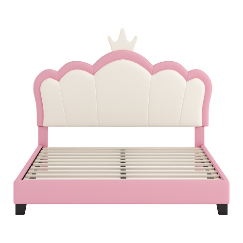 Kepooman Upholstered Princess Bed With Crown Headboard,Full Size Platform Bed with Headboard and Footboard - Pink