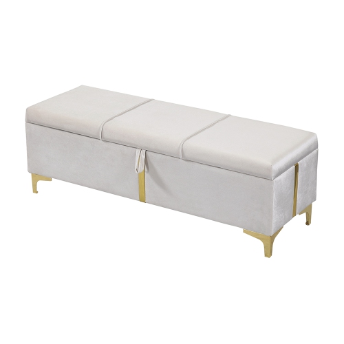 Pouf de rangement élégant en velours rembourré Kepooman, banc de rangement avec pattes en métal pour chambre, salon - Beige