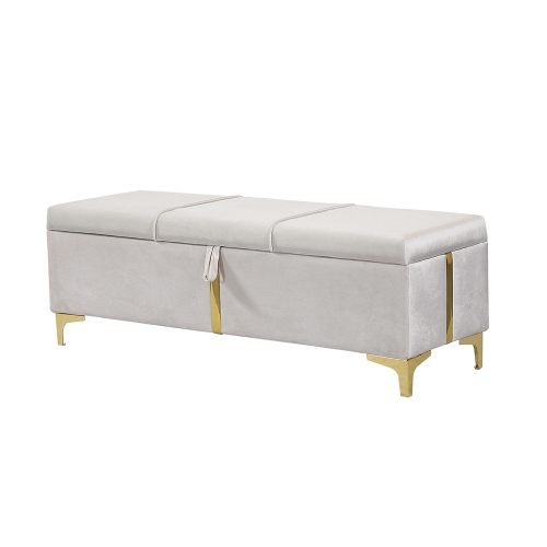 Pouf de rangement élégant en velours rembourré Kepooman, banc de rangement avec pattes en métal pour chambre, salon - Beige