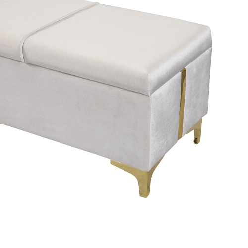 Pouf de rangement élégant en velours rembourré Kepooman, banc de rangement avec pattes en métal pour chambre, salon - Beige