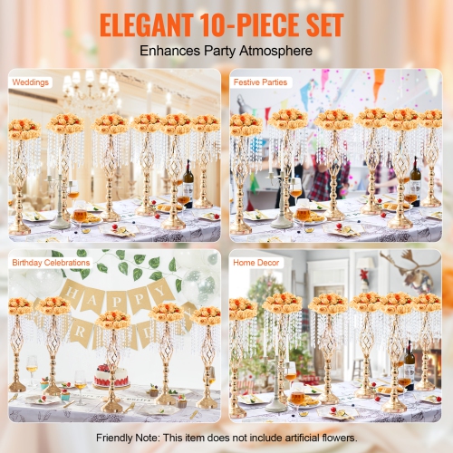 VEVOR 10PCS 55cm/21.65” Tall Crystal Wedding Flower Stand,Metal Wedding Centerpiece Vase,Gold Flower Holders Floral Display Rack for Tables Wedding