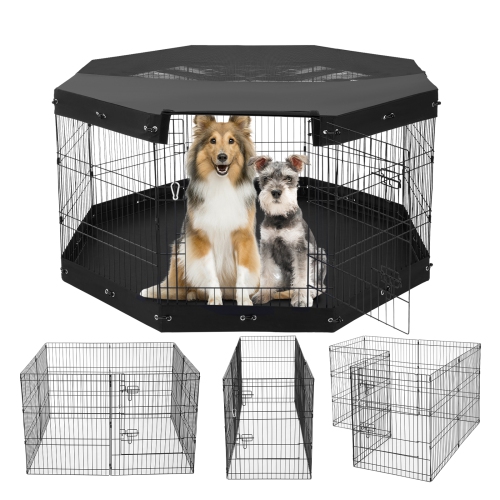 VEVOR 8 Pcs 30"H x 24"W Panels Foldable Metal Pet Exercise Pen,Dog Fence Indoor and Outdoor Pen with Door,Bottom Pad and Top Cover, Pet Playpen for