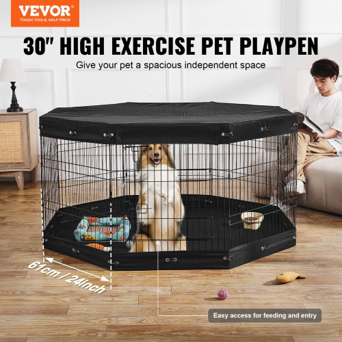 VEVOR 8 Pcs 30"H x 24"W Panels Foldable Metal Pet Exercise Pen,Dog Fence Indoor and Outdoor Pen with Door,Bottom Pad and Top Cover, Pet Playpen for