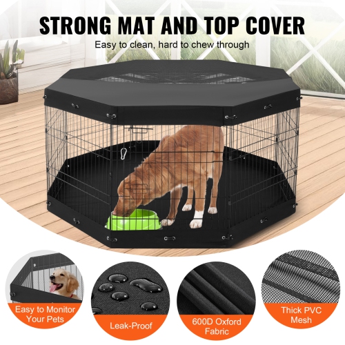VEVOR 8 Pcs 30"H x 24"W Panels Foldable Metal Pet Exercise Pen,Dog Fence Indoor and Outdoor Pen with Door,Bottom Pad and Top Cover, Pet Playpen for
