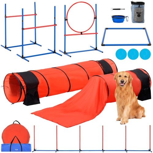 VEVOR 7 PCS Set Dog Agility Training Equipment, w/ Adjustable High Hurdles,6 Weave Poles,2 Tunnels,Jump Ring,Pause Box,Whistle,Foldable Bowl,Puppy