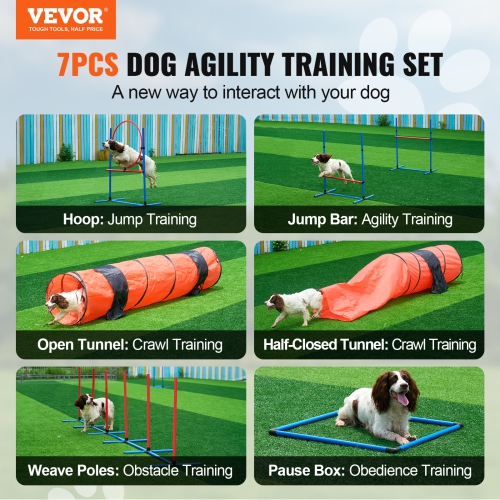 VEVOR 7 PCS Set Dog Agility Training Equipment, w/ Adjustable High Hurdles,6 Weave Poles,2 Tunnels,Jump Ring,Pause Box,Whistle,Foldable Bowl,Puppy